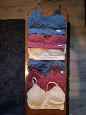 Tahari Wireless Lace-Texture Bralette Set - Blue, Burgundy, Cream